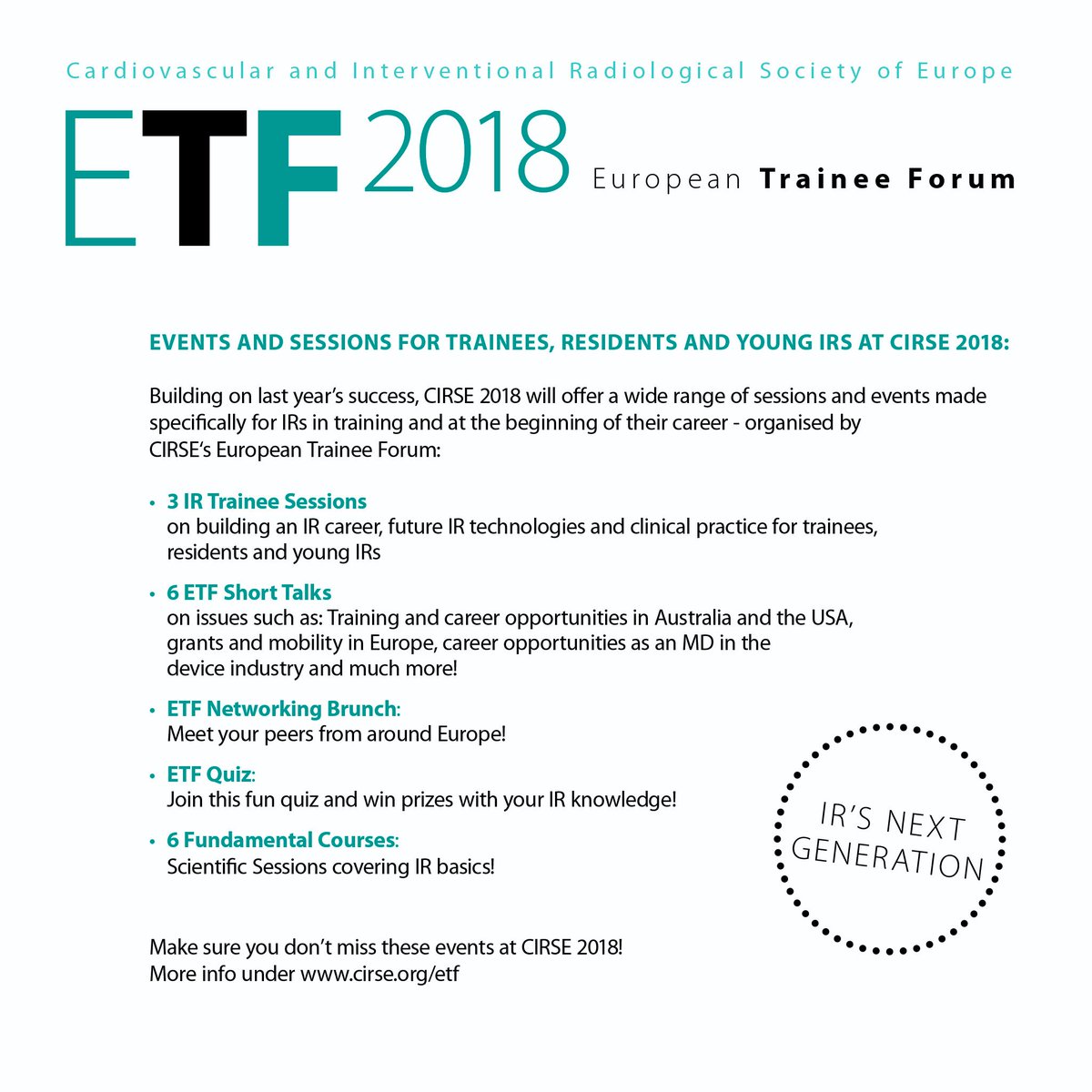 cirsesociety's tweet photo. The European Trainee Forum has put together another great programme for this year's annual meeting. Make sure to stop by these sessions and events at CIRSE 2018! #iRads #CIRSE2018 #EuropeanTraineeForum https://t.co/KQWykKqbxO