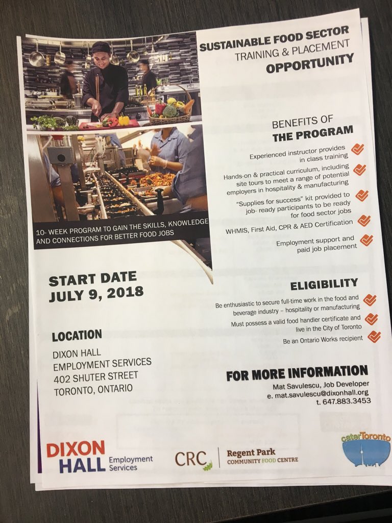 We’re excited to be working with @CRCat40Oaks & @dixon_hall to offer sustain food sector job training as a @TorontoESS program. Intake ends NEXT WEEK! 
Be in touch with Mat NOW (expand poster for more info & contact)! Start date: July 9. #goodfoodjobs