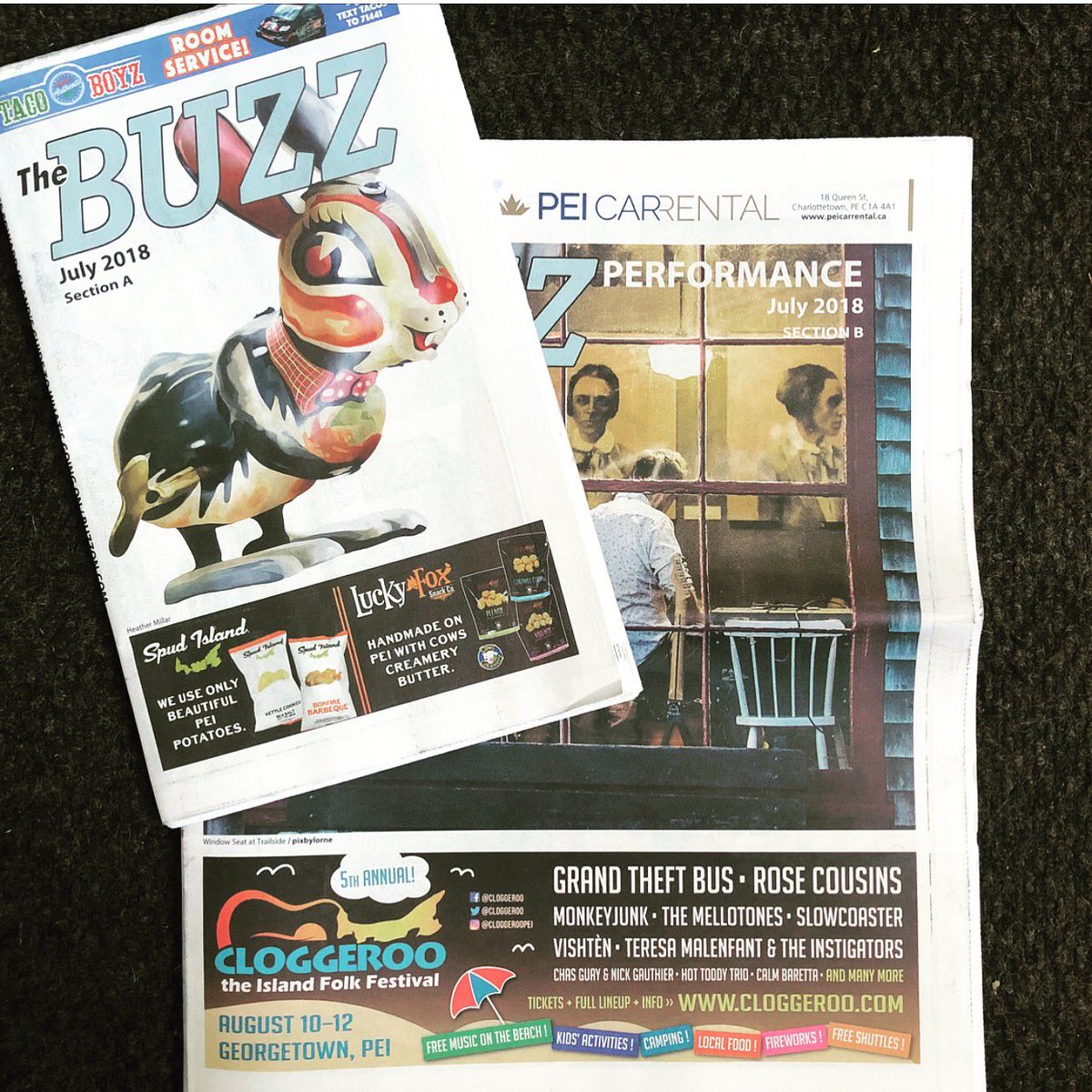 BUZZpei's tweet photo. It’s here! 💥 Grab your copy of
The Buzz — #PEI’s Guide to What’s Going On! 🎉🎉 #25years 🎉🎉 #art #culture #community #events #familybiz  #300thissue #thankyouthankyouthankyou 🙌 
Cover art: Heather Millar https://t.co/xRLlbv0BQ4