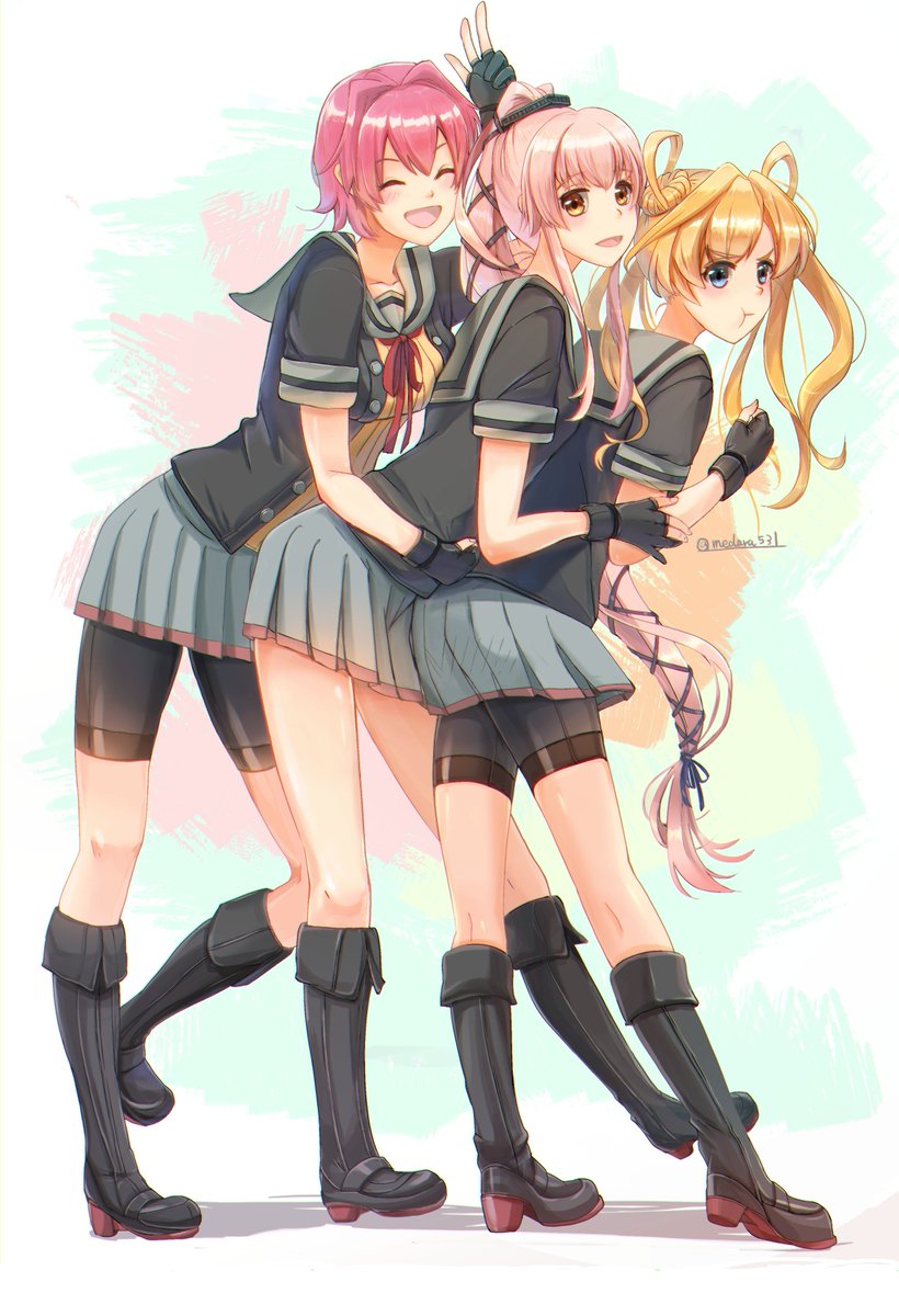 abukuma (kancolle) ,kinu (kancolle) ,yura (kancolle) long hair multiple girls pink hair bike shorts 3girls grey sailor collar skirt  illustration images
