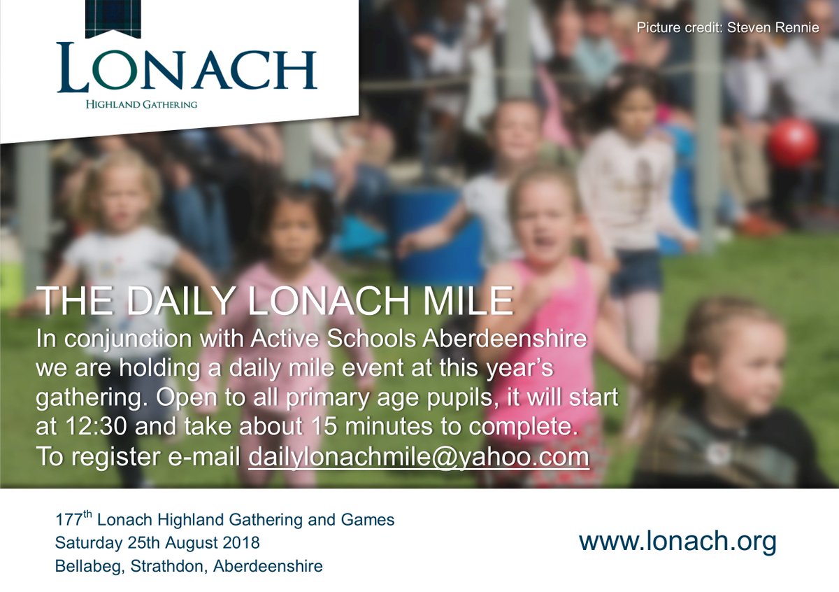 In conjunction with @ASAberdeenshire, this year's #Lonach Gathering will feature a @_thedailymile event for primary age children. It'll take place in the main arena at 12:30, just before the 1pm Lonach Highlanders march. To register e-mail dailylonachmile@yahoo.com. #DailyMile