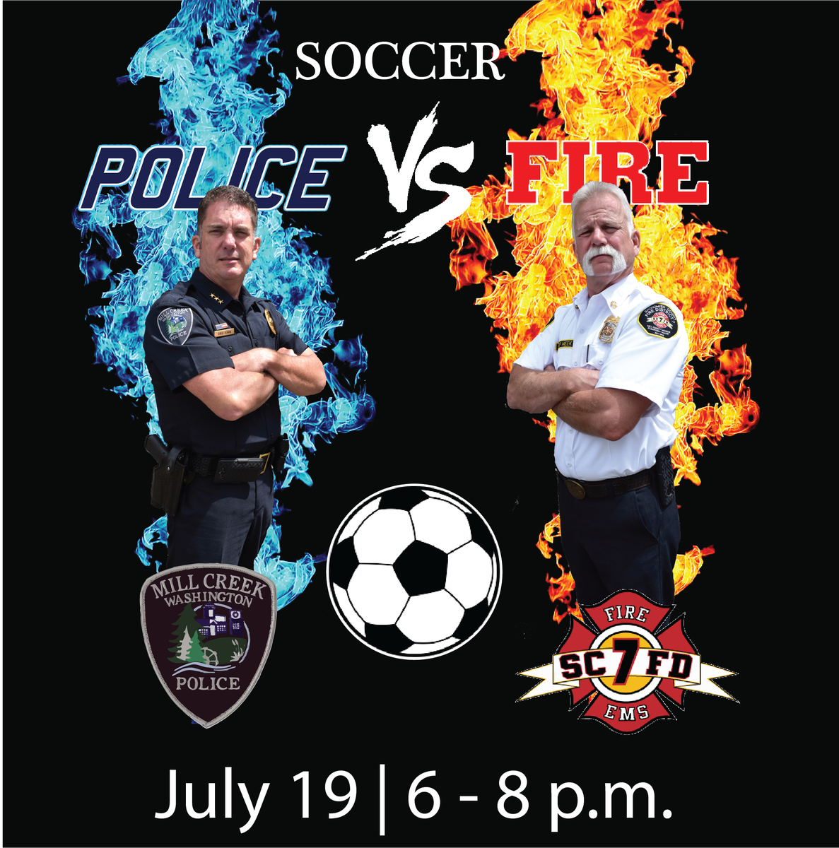 millcreekwa's tweet photo. Join the MCPD and @SnoCountyFire7 July 19 as they battle each other in an epic soccer game at @arenasportswa! All to raise money for the @Kiwanis Club, Camp Casey. #FundRaiser #Soccer #MillCreekWa #PDvsFD https://t.co/ZtgU7j7fE6