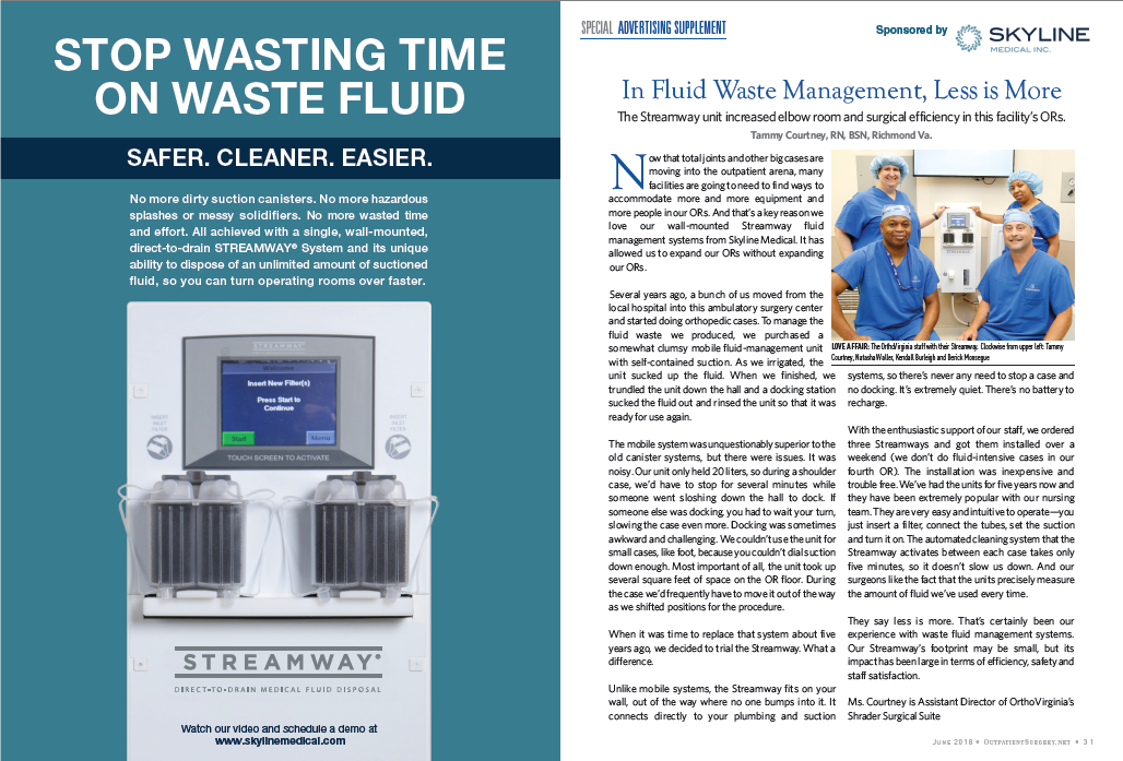 Skyline_Medical's tweet image. We are excited to be included in @OutpatientSurg publication "Game Changers in Surgery."  This is a great story about one of our best customers @orthovirginia who have been able to minimize exposure risk &amp;amp; improve their staff efficiency   by implementing the #STREAMWAY System.