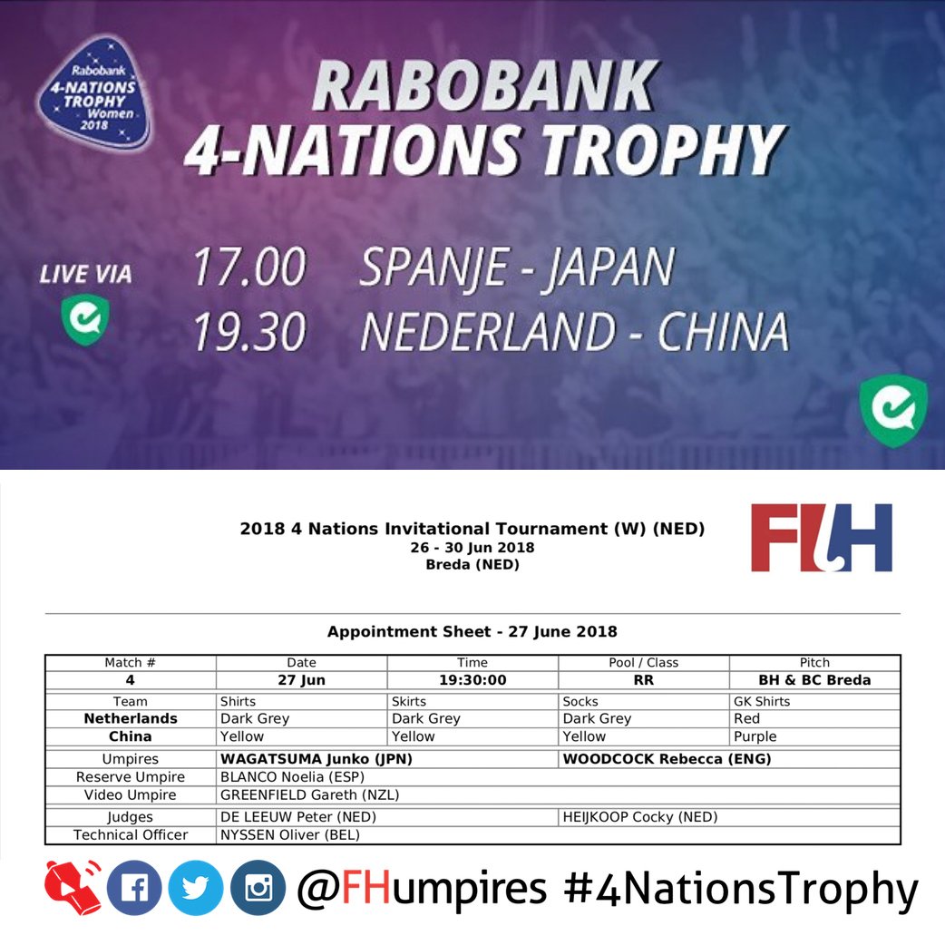 fhumpires's tweet photo. .@FIH_Hockey #4NationsTrophy #Breda
W04 19:30 ๐ณ๐ฑ v ๐จ๐ณ
Junko Wagatsuma ๐ฏ๐ต @jha_hockey
@RE_Woodcock ๐ด๓ ง๓ ข๓ ฅ๓ ฎ๓ ง๓ ฟ @EnglandHockey
๐น Gareth Greenfield ๐ณ๐ฟ @HockeyNZ
โ๏ธ15 min
๐ป ๐ป https://t.co/8RJD1n0WFK
#thirdteam #appointments #askFHU #hockeyfamily #umpires https://t.co/1EO7hU9jai