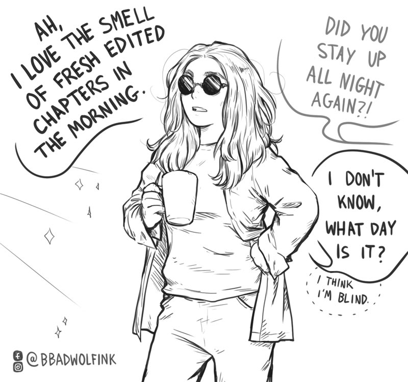 I can’t stop.

 📚 More drawings about the #writing process: bit.ly/aWritersLife
🐺 instagram.com/bbadwolfink
🌸 Thanks to <a href="/Dollisapi/">Starlight Lilliancilla Amarilla🎃</a> for the English translation!