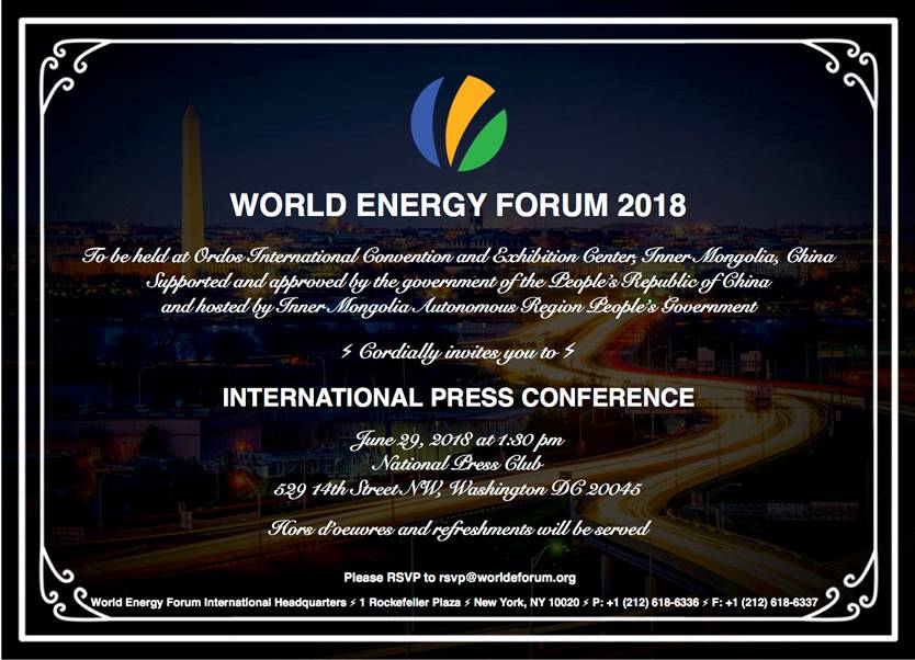 PressClubDC's tweet photo. @worldEforum Chairman Dr. Harold Hyun Suk Oh will host an international press conference Friday 6/29 1:30pm @PressClubDC to announce details for World Energy Forum 2018 to be held in Inner Mongolia, China this summer. Info: https://t.co/GE5Ibmsxbn https://t.co/rneRNTAhHz