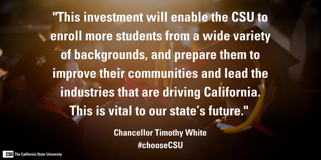 calstate's tweet photo. Chancellor White releases statement on the 2018-19 state budget: https://t.co/cPzH0i8H5Z. #cabudget #chooseCSU https://t.co/AxPMrO90gU