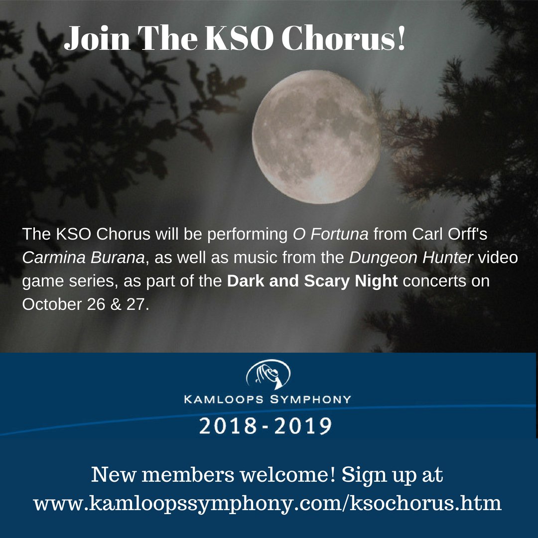 Do you like to sing? Have you ever wanted to sing in a large choir with a symphony orchestra? (There's truly nothing quite like the experience)
The KSO Chorus welcomes new members! Go to kamloopssymphony.com/ksochorus.htm to sign up.