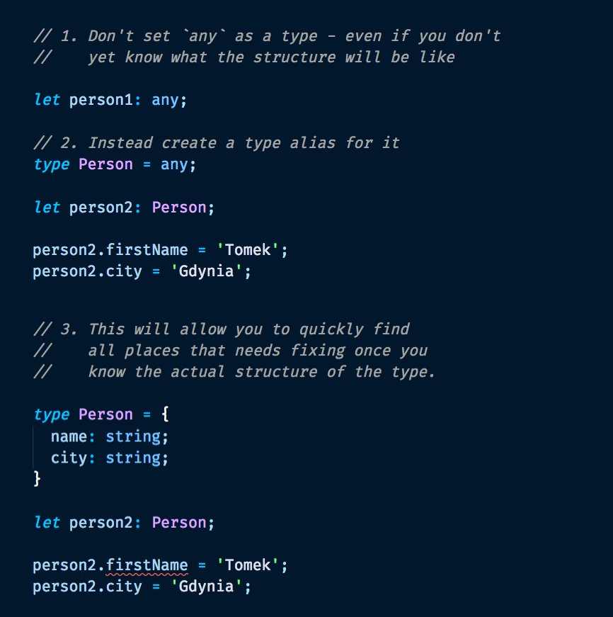 sulco's tweet image. #TypeScript tip for today:
`:any` type is usually a bad idea, but eg when prototyping a new code it can be hard not to use it..
There's a better way: create a type alias for `any` that you will clarify later. You will avoid having lots of vague "any's" all over the code.
#angular