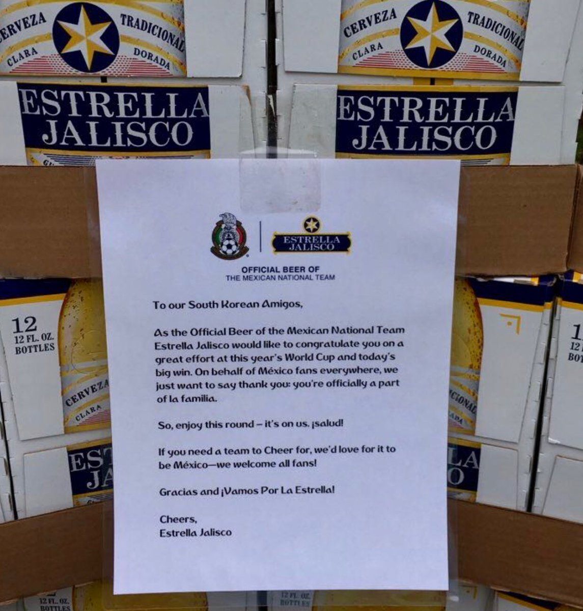To thank their players for beating Germany and helping the Mexican team advance, the official beer <a href="/EstrellaJalisco/">Estrella Jalisco</a> delivered beer to the South Korean embassy in Washington DC today.