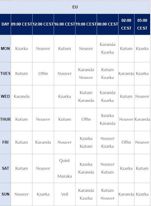 Joketsu_'s tweet photo. @BDO_News The latest world boss time table (from the patch on the 13th) seems to be incorrect after it was updated.

1st pic is currently shown on the patch notes.
2nd pic is and older screencap of the same timetable before it was edited and seems to be the correct one.

Pls Fix https://t.co/XsCdiNe5FC