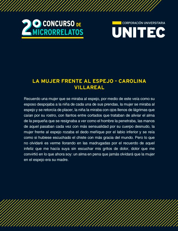 YoSoyUnitec's tweet photo. 📝Hoy finalizamos nuestra #SerieMicrorrelatos presentándote el trabajo realizado por una de nuestras estudiantes en el concurso de Microrrelatos. #YoSoyUniec #MircrorrelatoNominado #TalentoUnitec

 ✳️Nominado numero 5: La mujer frente al espejo - Carolina Villareal https://t.co/5RZ8OZtrRi