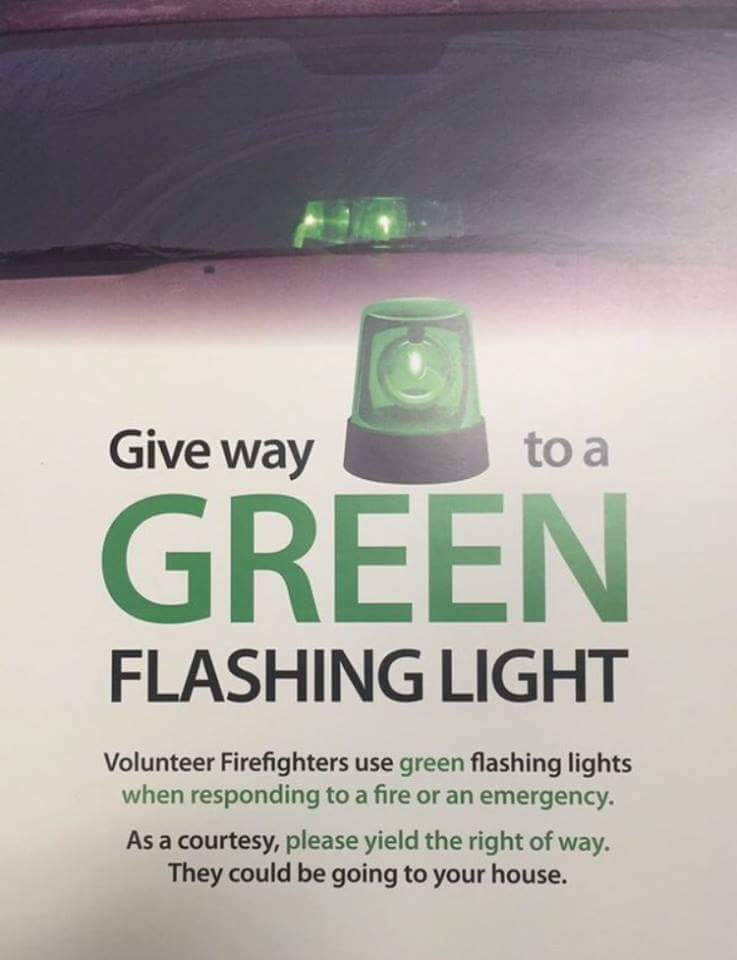 Barrie411's tweet photo. Keep in your Mind See a Flashing Green Light behind you be kind and Move Over and let them Pass . This is a Volunteer FireFighter en-route to a Emergency Call #SecondsCount https://t.co/sop8gMUTZB