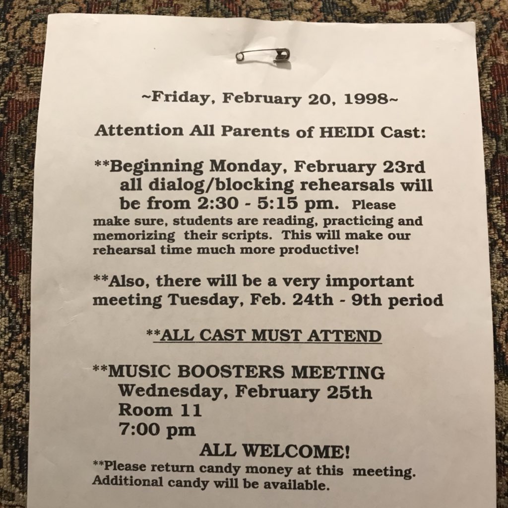 Information about musical rehearsals from the 1998 West Seneca West Middle School production of “Heidi” and a Music Boosters meeting.