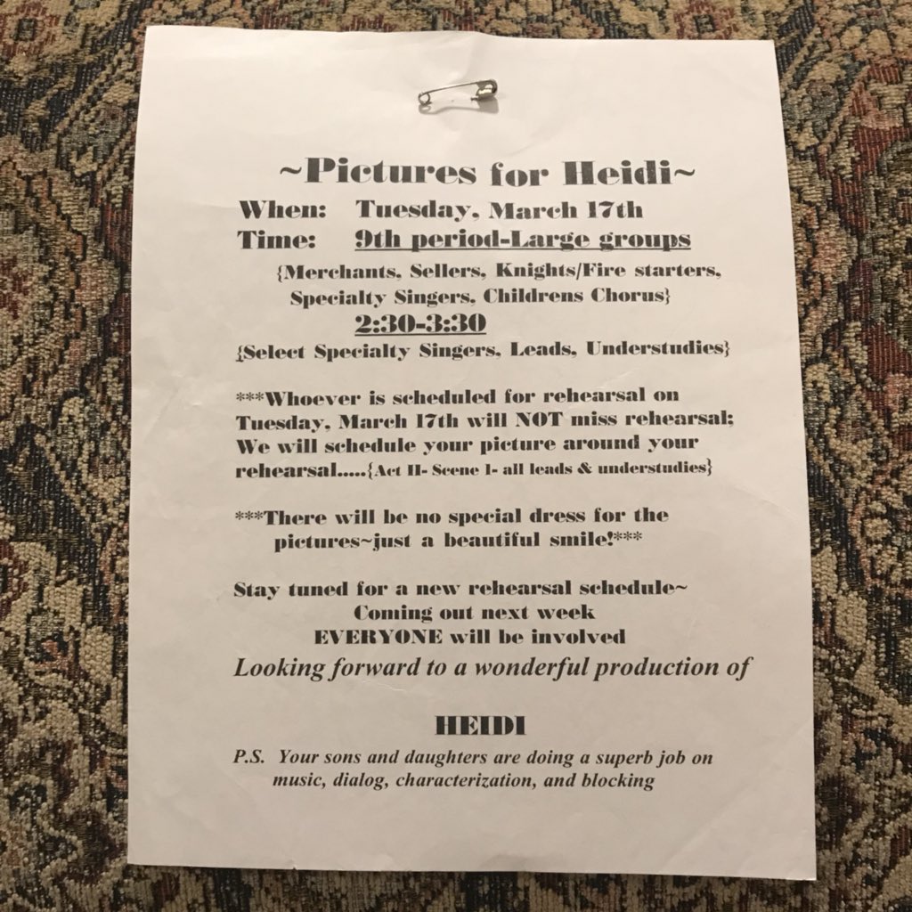 Notice from 1998 for cast photos from “Heidi” at West Seneca West Middle School. (West Seneca, NY)