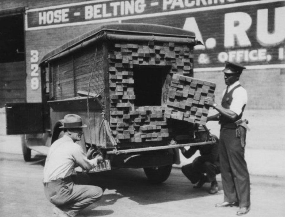 1926, six years before the end of the first Bitcoin Prohibition: Federal agents find QR code disguised as a truckload of lumber.