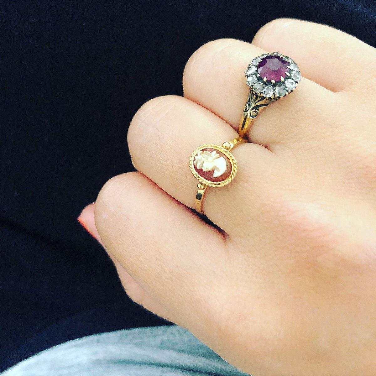 bucklebowpearl's tweet photo. The teeniest tiniest #vintagecameo and a #ruby and #diamond #ring are making up today’s hand glitter 🤚 #bling ❤️ #antiquejewelry #oldcutdiamonds #diamondring #vintageengagementring #goldring #vintagejewelry #cameoring https://t.co/OA1L0Rc1SO