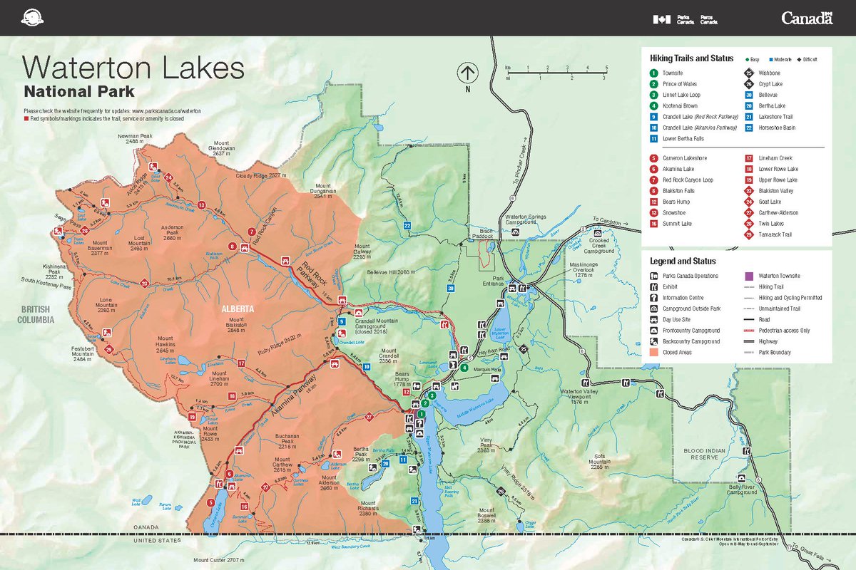 The Bertha Falls, Bertha Lake, Crandell Lake Loop, Horseshoe Basin, and Lakeshore trails are open! Visit our website to see what is available following last year’s wildfire: parkscanada.ca/waterton-open