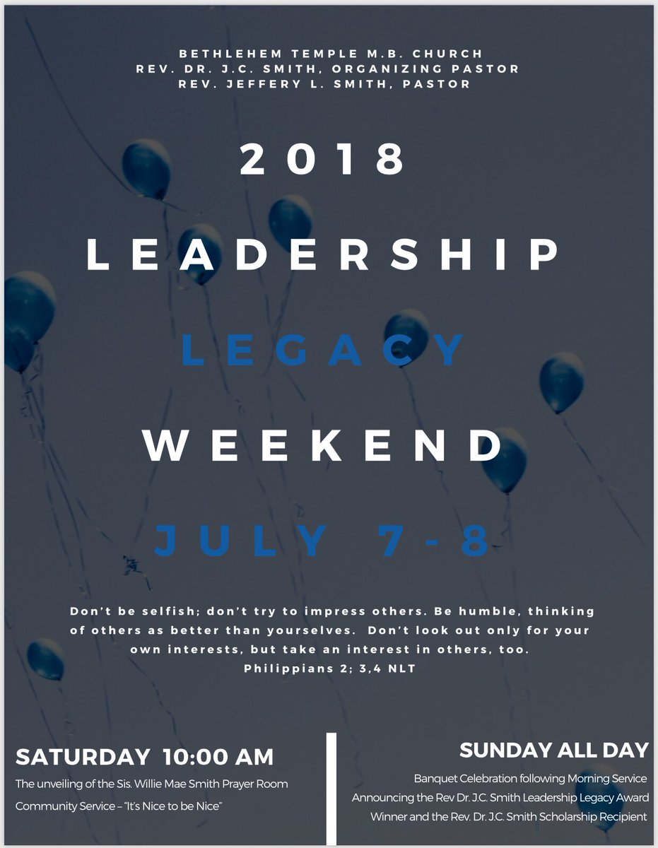 BTMBChurch's tweet image. GET READY! GET READY! GET READY!!!

It’s that time again, BT let’s get ready to honor our Organizing Pastor Rev. Dr. J. C. Smith and our First 1st Lady Willie M. Smith. 

Saturday July 7, 2018 at 10:00am
Sunday July 8, 2018 ALL DAY 

#BTSTRONG