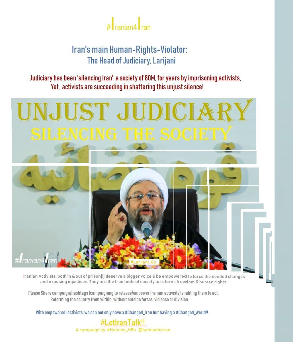 Silencing #activists -leads to- Silencing a #society!
#Freedom4Activists will lead to #Freedom4Iranian!

Activists have knowledge & courage to force the establishment to formulate a #changed_Iran; real & structural change without risk, disorder or violence!

#Iranian4Iran #RT-plz