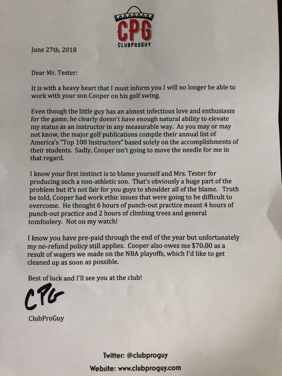 BillTest1's tweet image. I just received this letter from the pro at my club and my wife is having to physically restrain me from doing something i’ll regret.