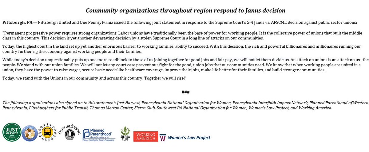 WomensLawProj's tweet image. Our statement in response to #Janus in unity with @JustHarvest @PPAdvocatesPA @PA_NOW @SierraClub @WorkingAmerica @PIIN_SW @womenslawPGH  #UNION