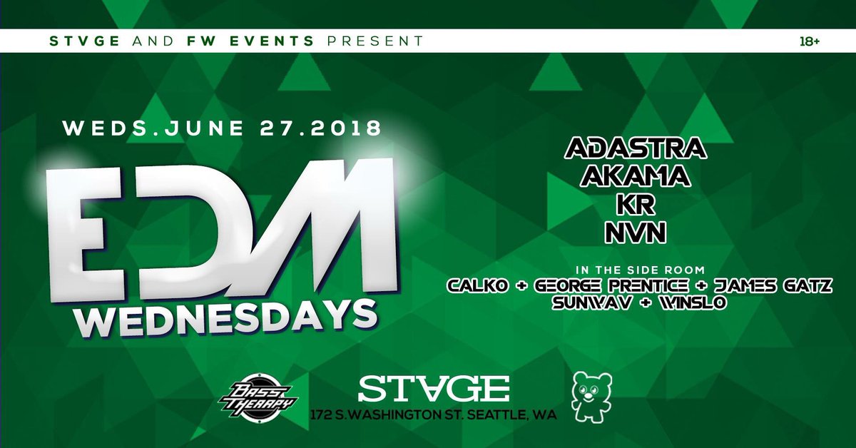 Stage Seattle (@stageseattle) on Twitter photo EDM Wednesday is happening TONIGHT! We’ve got a stacked local lineup guaranteed to get your Wednesday night turn-up right 🙌 EDM Wednesday is happening TONIGHT! We’ve got a stacked local lineup guaranteed to get your Wednesday night turn-up right 🙌
