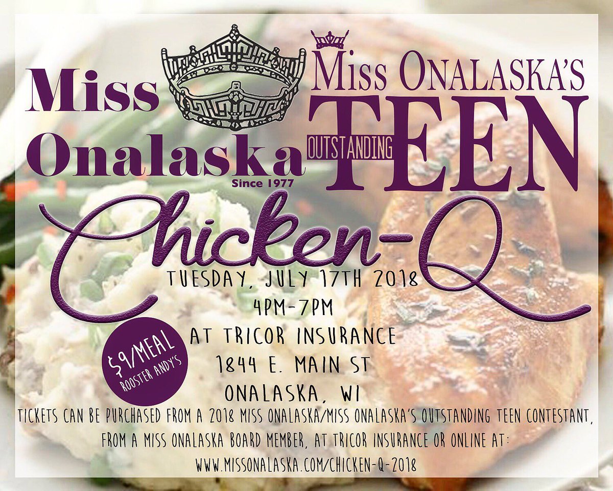 MissOnalaska's tweet photo. Hungry? Join us for the 2018 #MissOnalaska Chicken-Q on Tuesday July 17th from 4-7pm at TRICOR Insurance in Onalaska! https://t.co/523BTpcGNL