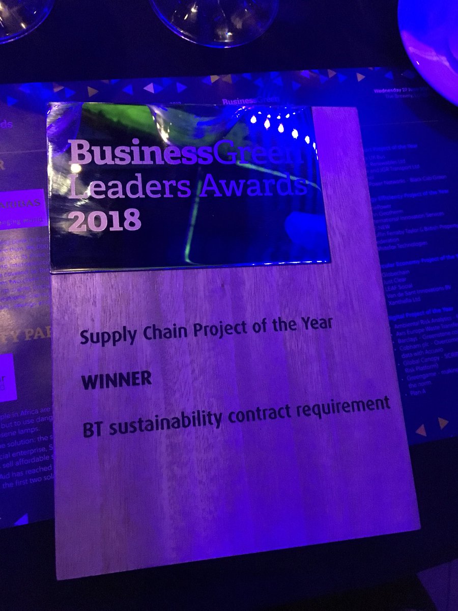 And we won! Thank you @BusinessGreen #BGAwards. Well done to @gabrielle_giner and Tony Roy for their pioneering supply chain work. It’s almost @BTGroup purple here 😊