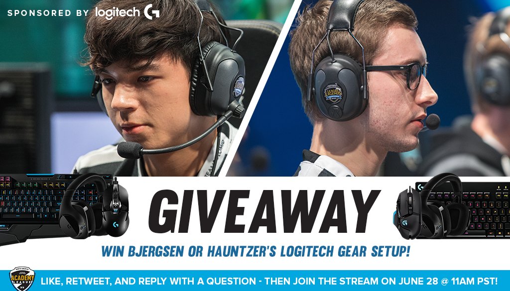 TSM's tweet photo. NEW GIVEAWAY! To enter, LIKE, RT, and submit a question for @lolHauntzer or @Bjergsen for a chance at winning their Logitech setup! They'll be answering questions on stream on June 28th at 11 am PST! https://t.co/UbjR7X0yJD
