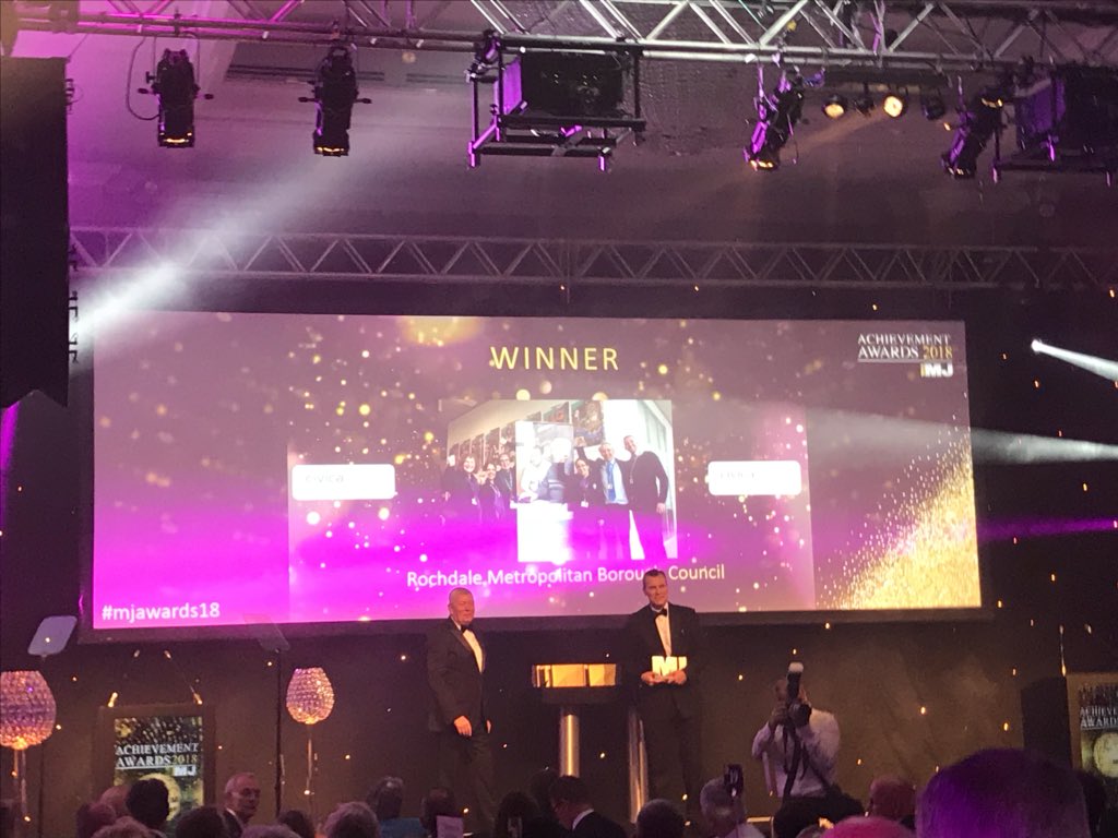JohnRooManc's tweet image. Well - we did it! @RochdaleCouncil are winners of Digital Transformation Award at @themjcouk Awards #MJAwards18 - Many thanks to all colleagues, members and partners who made this possible! Thanks also to award sponsor @Civica_Digital