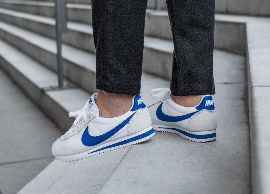 nike cortez white gym blue