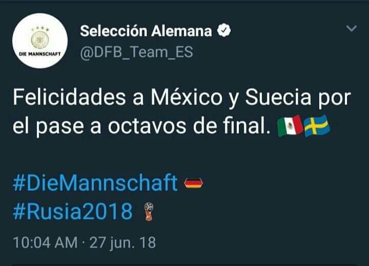 En este #MundialDeRusia2018 los países realmente han aprendido a apoyarse y ser conscientes de que no hay rencor reconocer y seguir como grandes amigos que puedan ser.  Gracias #SeleccionAlemana 🇩🇪👏 👊 🇩🇪