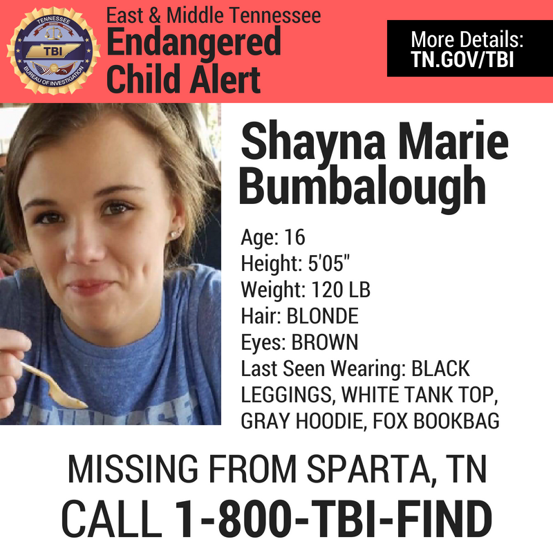 TBInvestigation's tweet photo. MIDDLE/EAST TENNESSEE ENDANGERED CHILD ALERT: We need your help to find this 16-year-old, missing from Sparta.

Have you seen Shayna Bumbalough? Call 1-800-TBI-FIND! Please retweet to spread the word! https://t.co/yX4LJTka3d