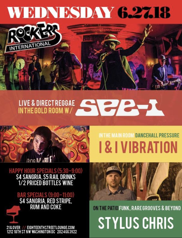 Rockers is in session tonight <a href="/18thSTLounge/">18th Street Lounge</a> w the crew <a href="/Seei/">See-I</a> in the Gold Room and <a href="/styluschris/">Chris Stiles</a> on the Patio. I’m in the Main Room w that heat