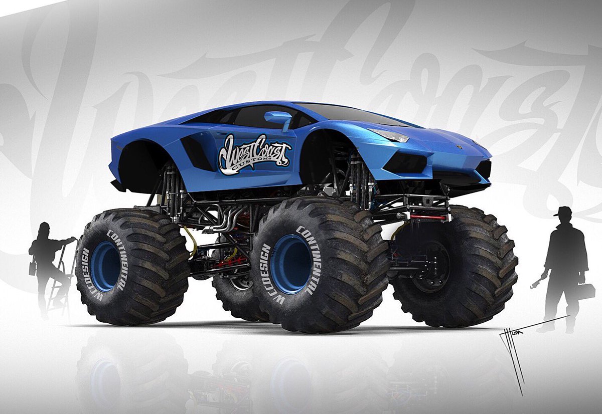 West Coast Customs on "We asked our design team to come up with the most outrageous rendering of a custom car. Lamborghini Monster Truck is what they came up with!