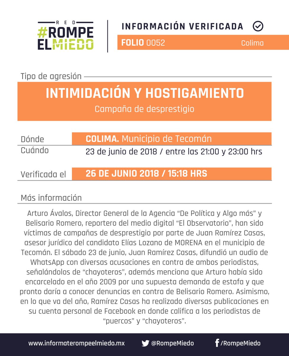 RompeMiedo's tweet photo. 🚨 23 y 24 de junio - Colima. Intimidación, hostigamiento y amenaza a Arturo Ávalos director de "De Politica y Algo más" y Belisario Romero reportero de "El Observatorio" por parte de asesor jurídico de candidato local. Las amenazas sugieren un "levantón" a ambos periodistas 🚨 https://t.co/7SFVDdz5xV