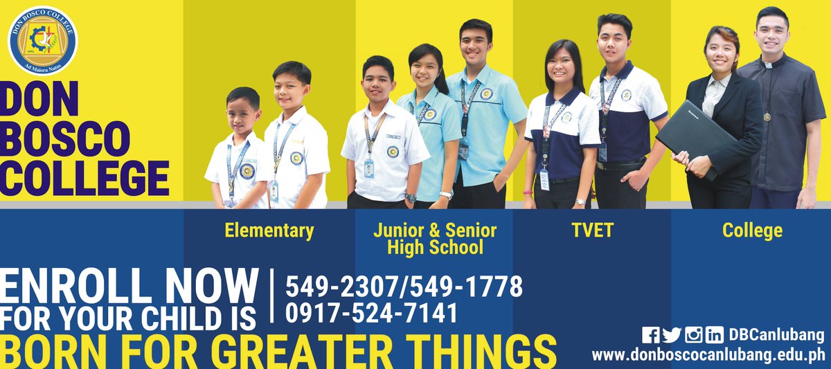 dbcanlubang's tweet photo. DON BOSCO COLLEGE is still accepting inquiries and applicants for all academic programs.

For inquiries, visit our official website (https://t.co/RoCbgxT7B4) and facebook page (https://t.co/UYLR2RL4Xa) https://t.co/xhPOI2iN55
