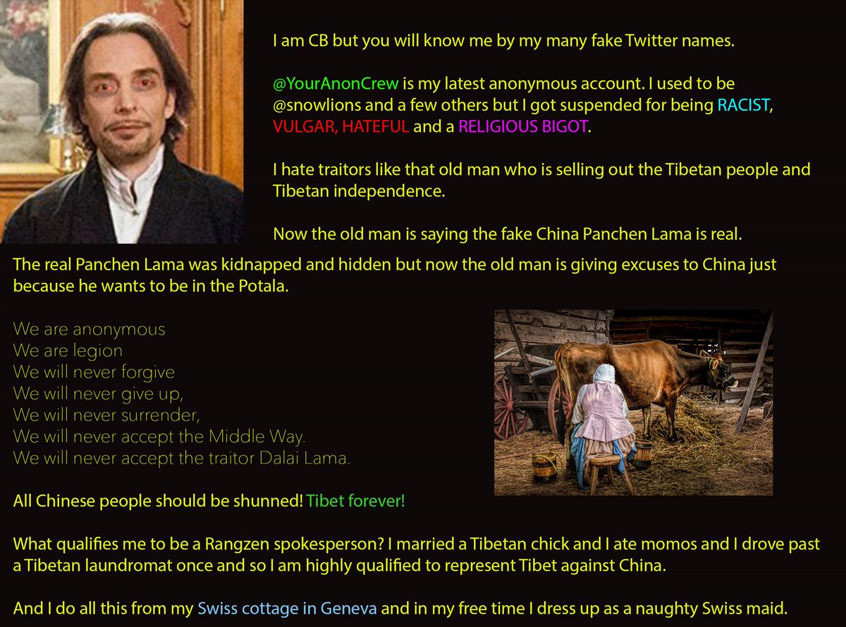 _TibetanZone's tweet photo. THANKS A LOT Twitter. Now I have to manage TWO accounts because you keep suspending me for being hateful, vulgar, racist and discriminating against religions. Twitter, you’re a joke!

#DalaiLama #StopLying #NoReligiousFreedom #GetALife #FreeTibet #DalaiLama #DalaiLamaIsWrong https://t.co/gxAOO8y5Lf