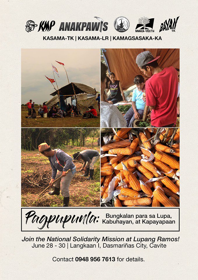 Join and Support the farmers of Lupang Ramos by donating the following:
- Tulong pinansyal
- Bigas at ibang klase ng pagkain
- Tolda
- Banig
- Binhing pananim
- Pala
- Piko
- Bareta
- Mga gamot
- Gamit pangkalinisan
- Gamit eskwela

#GenuineLandReformNow (via KASAMA-TK)