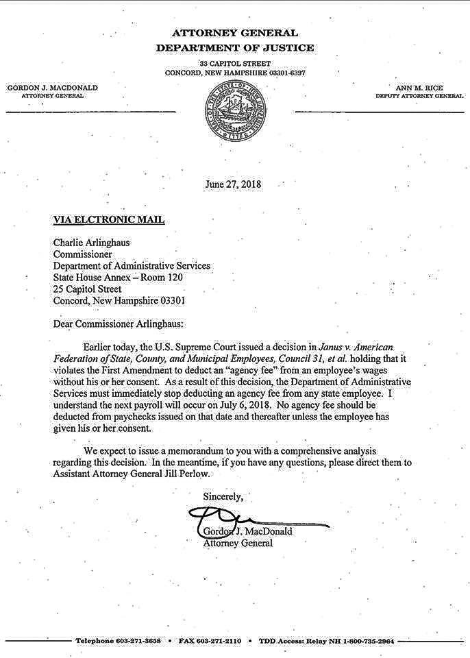 Greymantle's tweet photo. Letter from the #NH #AG office to Charlie Arlinghaus, #Commisioner of NH Dept of Administrative Services on Wednesday #SCOTUS 5-4 decision regarding #unconstitutional #union #AgencyFee collections.
I am happy to see this! #NHPolitics #RightToWork #WORKERFREEDOM #workers โ๏ธ๐ฝ https://t.co/9dad3gvRrD