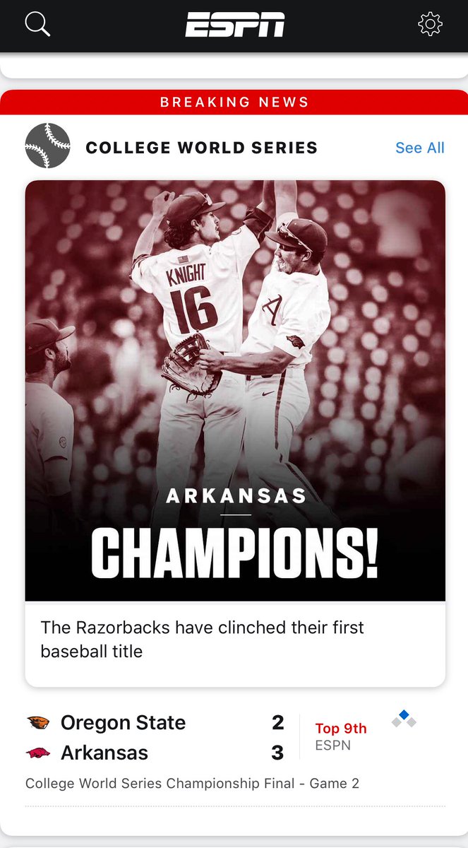 [Game Thread] CWS Finals Game 2 Arkansas vs. Oregon State, 700 PM ET