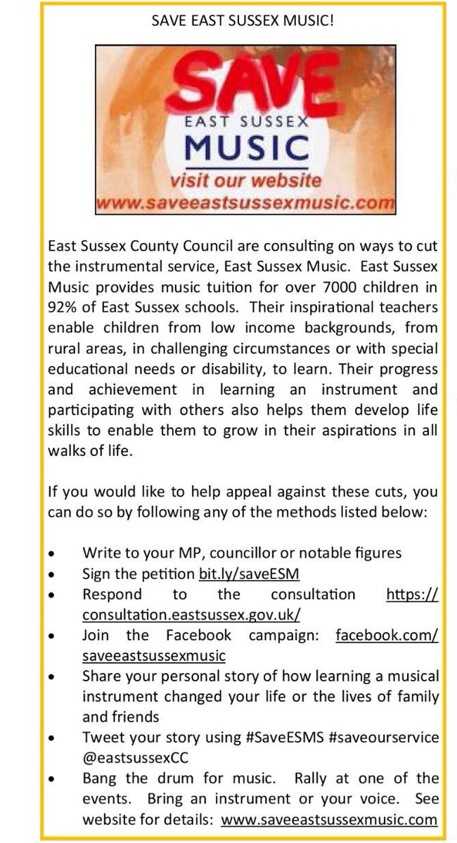 johnjmsboyd's tweet photo. SAVE EAST SUSSEX MUSIC SERVICE

12350 have signed the petition
The Consultation is open

Please help save this excellent Music Service (in its 84th year) providing music provision to ALL pupils across the county

#saveESMS
#everychildamusician

Please RT https://t.co/kJ8vjmlQtu