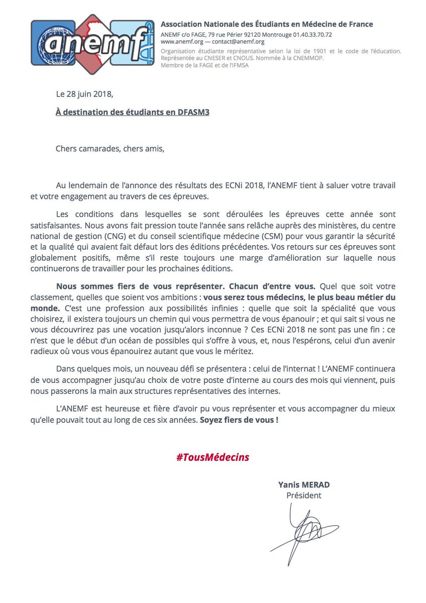 🔹 #ECNi2018 | Lettre aux étudiants en DFASM3 

Soyez fiers de vous, vous êtes #TousMédecins ! 🏆