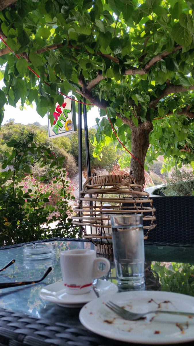 CreteVisitor's tweet image. Espresso &amp;amp; karidopitta (walnut cake - eaten) under the mulberry trees.