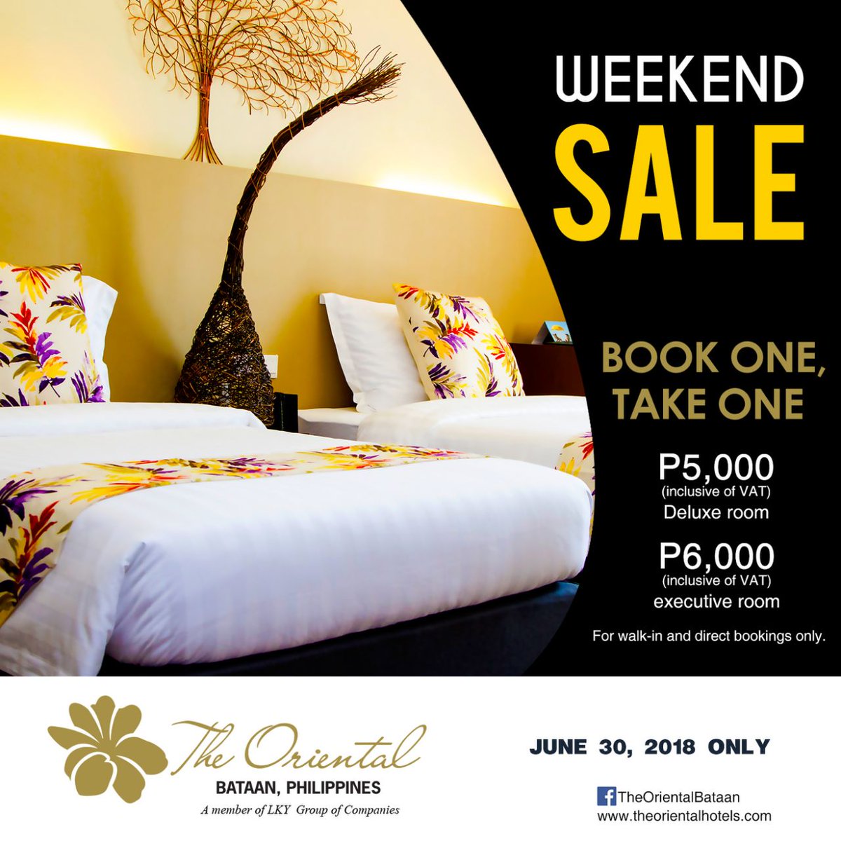WEEKEND SALE❗

Book one, and take one on our Deluxe Room for only Php5,000 and Executive Room for only Php6,000 inclusive of VAT. Promo valid for walk-in/direct bookings only.

Bring the whole family/friends and book a room now. Call us at: 0927 886 8887
#TheOrientalBataan