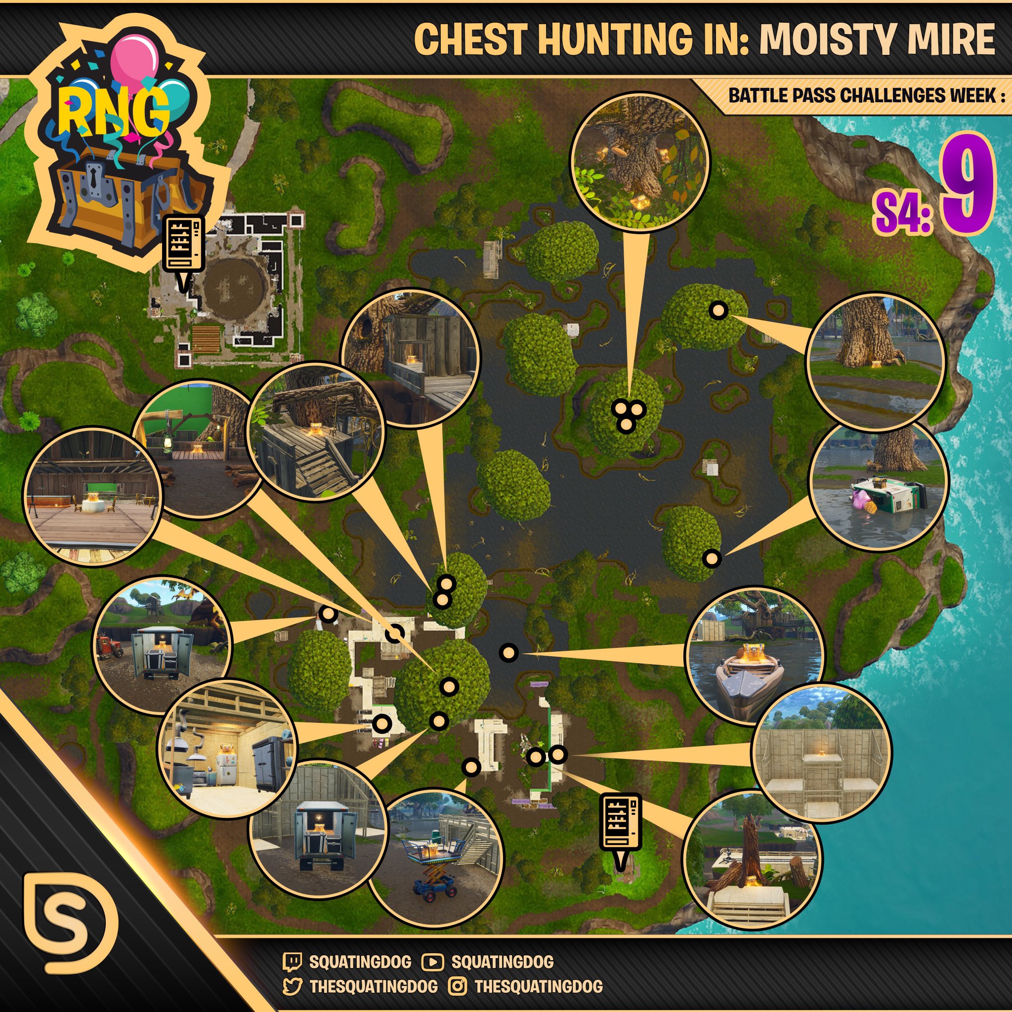 the cheat sheet also pinpoints the center of each named location scattered across the island when it comes time to plunder chests in moisty mire - fortnite rebel cheat