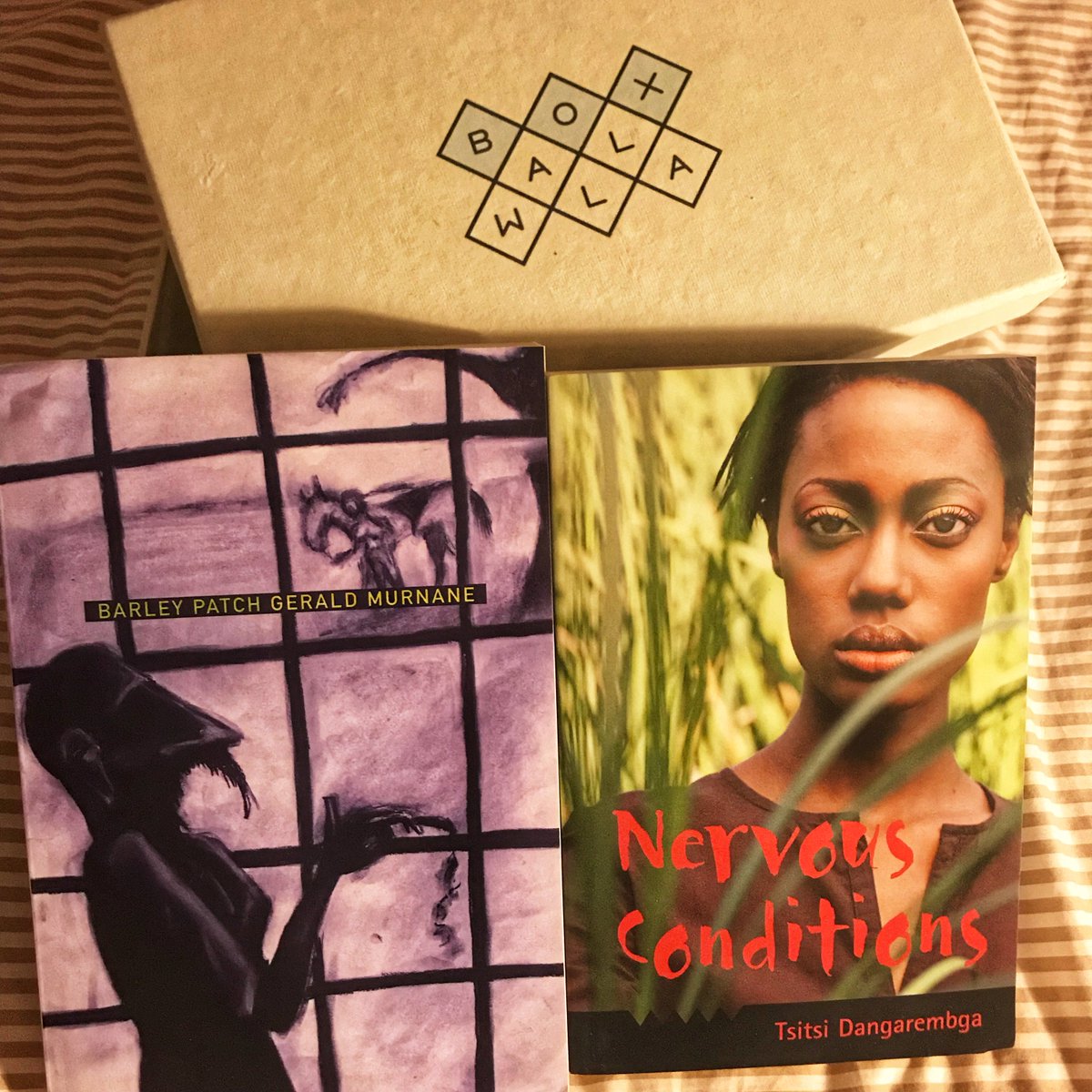 mookse's tweet photo. Look at the latest Boxwalla Book Box! I love Murnane and can’t wait to read Barley Patch. I hadn’t heard of Dangarembga, and Nervous Conditions looks really good! #boxwalla #boxwallabook @theboxwalla https://t.co/C1BbfcSWiv