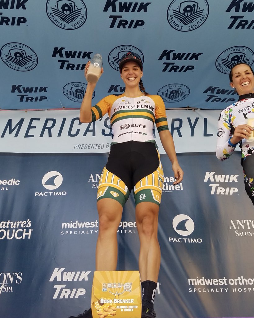 RebeccaWiasak's tweet image. First win in the green and gold! It took me a week, but I finally got my chocolate milk. Tough hilly circuit in Port Washington on Day 7 @TOADCyclingRace. #ToAD2018