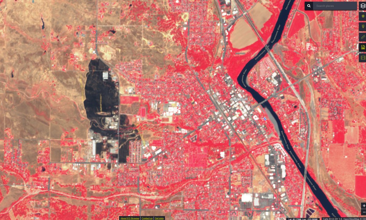 RobElvington's tweet image. Sentinel-2 polar satellite image taken on Sunday of the #StollFire.  You can even see some of the retardant containment lines.  False color shows burned areas.  #CAFire @DaveSchlom